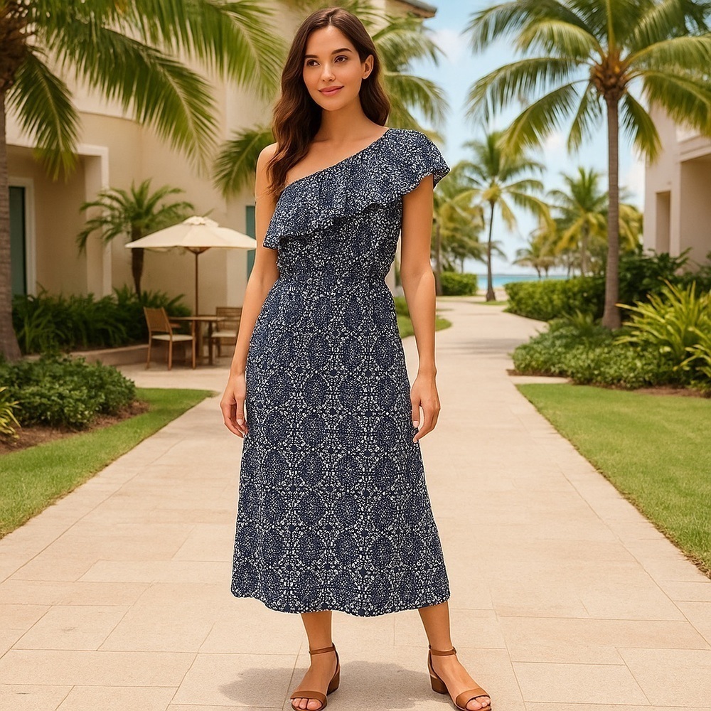 Allison Joy One Shoulder Ruffle Navy White Print Sundress Size M